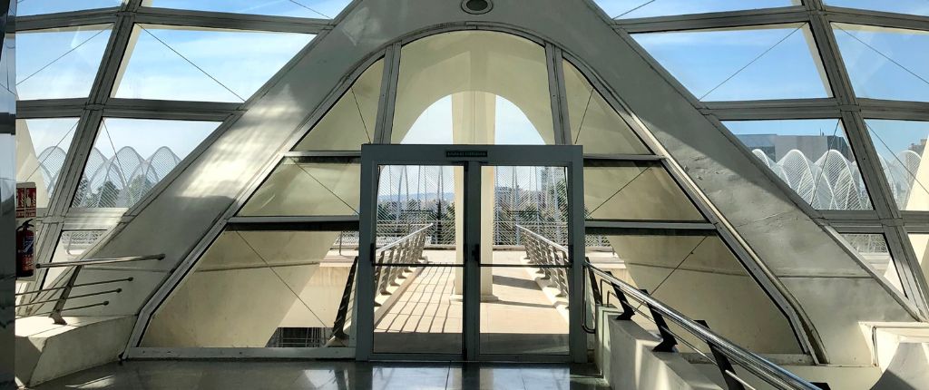 A building interior with a glass facade