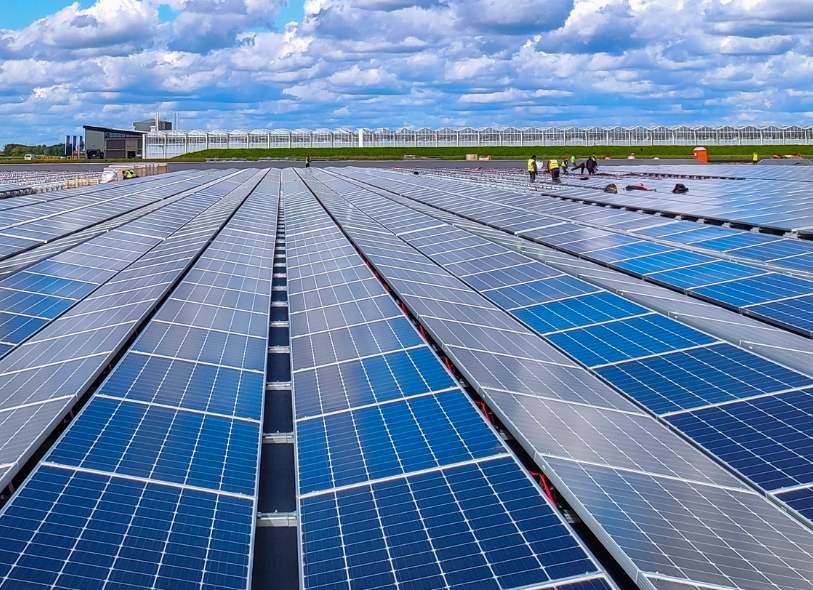 Solar panels at a solar farm being maintained